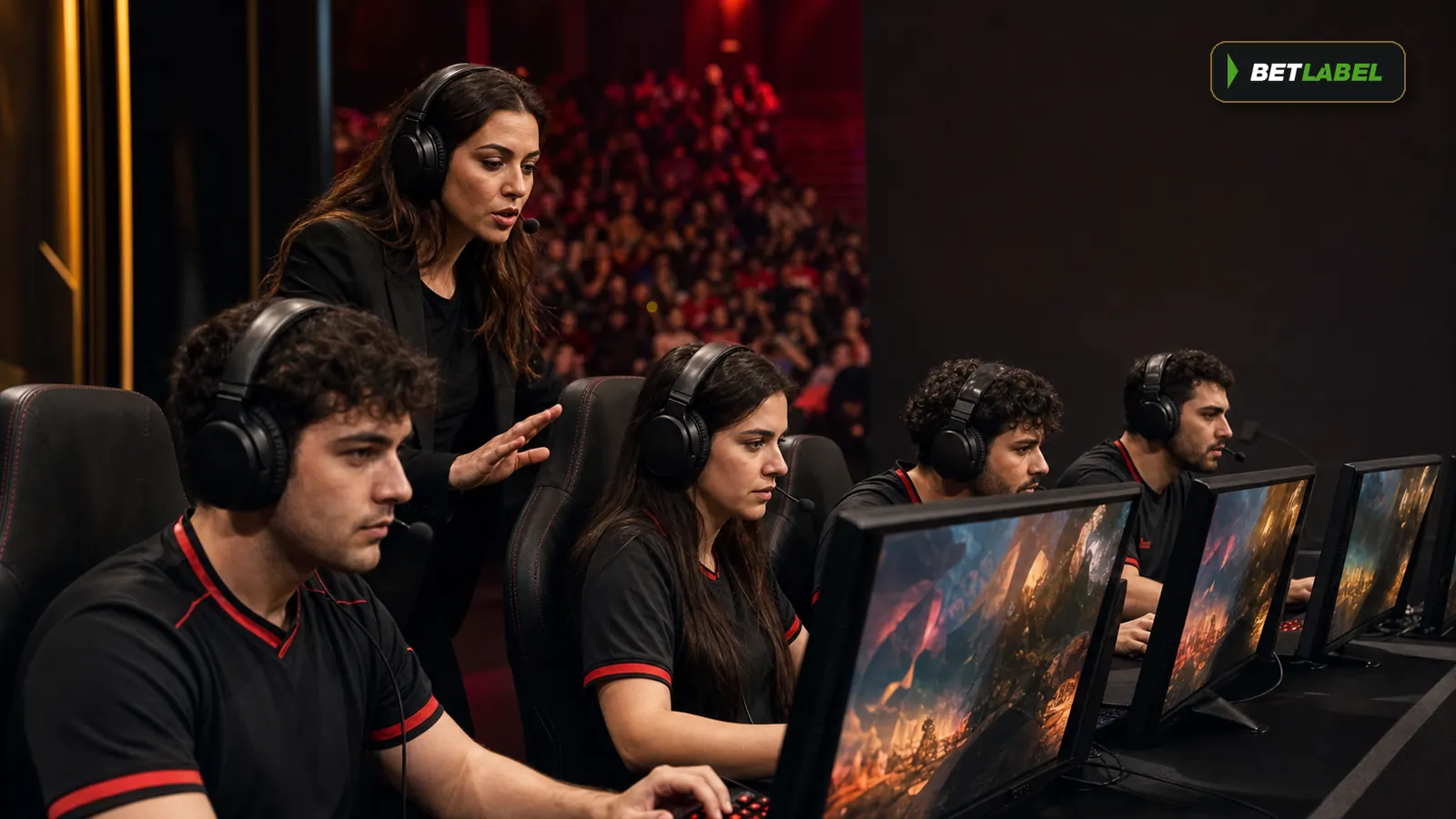 Equipo adulto participa en una competición profesional de eSports